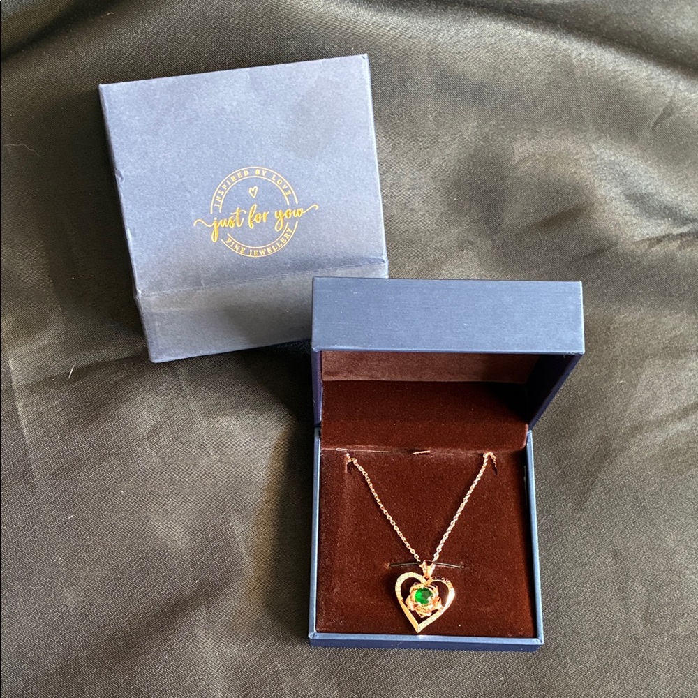Gold Heart Necklace with Green Gem Center - Elegant Women's Pendant